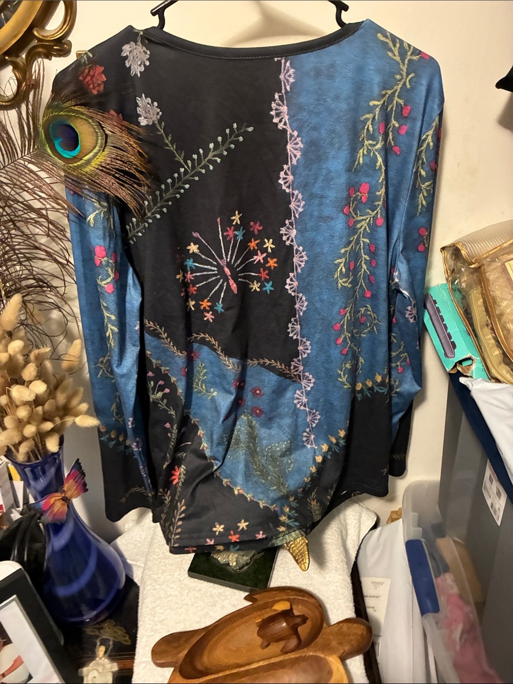 Boho Embroidered V-Neck Long-Sleeve Top - Blue & Black - Picture 5 of 5